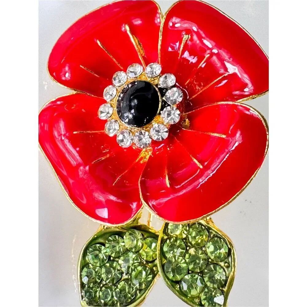 Red Poppy Floral Brooch with Green Crystal Leaves